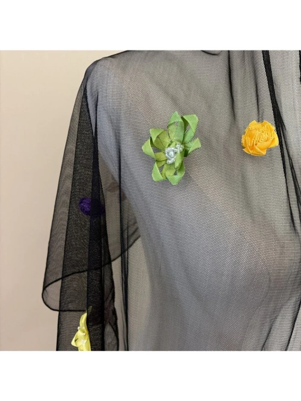Women’s Mesh Floral Applique Scarf Wrap Black 17X66